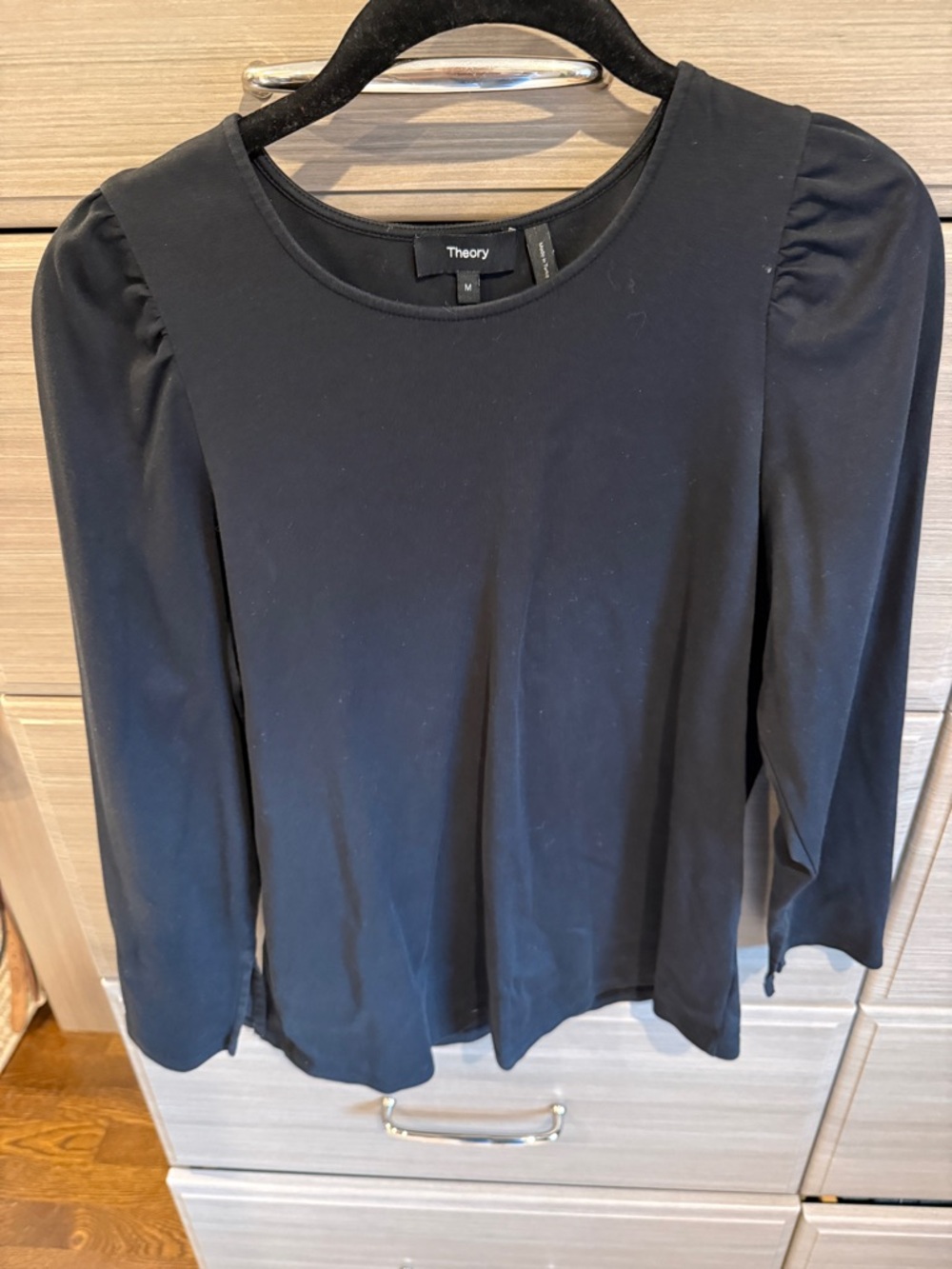 Theory Black Long-Sleeve Puff-Shoulder Top